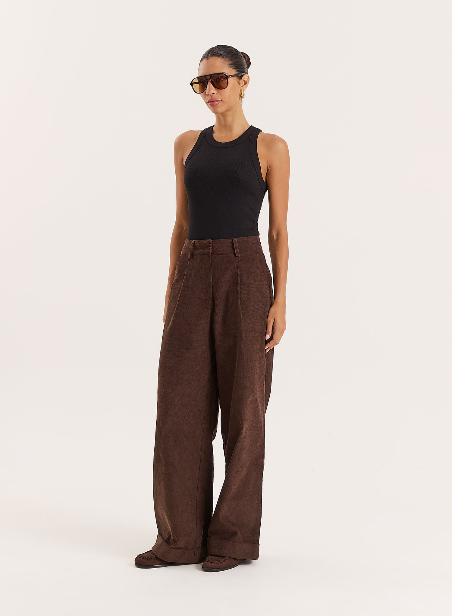 Chocolate Belted Turn Up Cord Wide Leg Trousers - Hughes